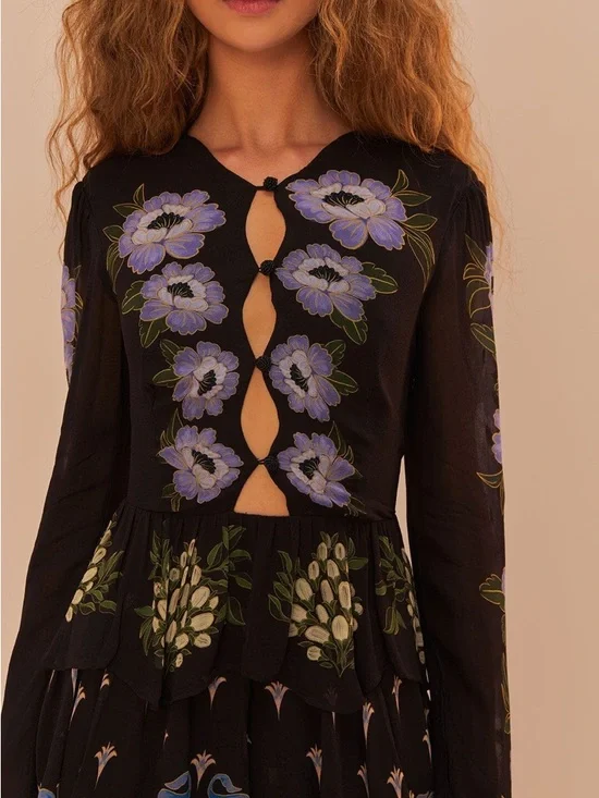 Farm Rio Black Winter Garden Ruffle Maxi Dress - Picture 3 of 11